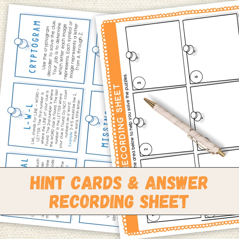 May include: A set of printable game cards and a recording sheet for a cryptogram puzzle. The cards are blue with white text and the recording sheet is orange with white text. The recording sheet has a grid with six squares and numbers 2, 3, 6, and 8 in the squares. A pen is lying on the recording sheet.