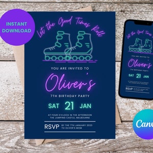 Roller Skate Party Invitation, 7th Birthday Invite, Seventh Skating Rink Party, Canva Template, Boy, Editable, Printable, Blades, RS001