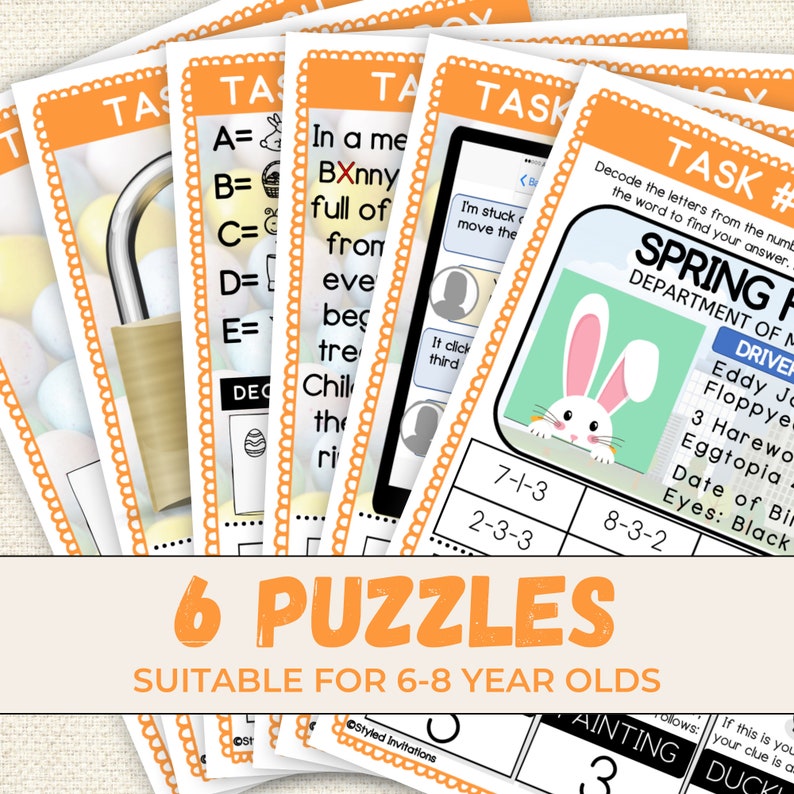 May include: Six colourful puzzle cards with a spring theme. Each card has a different task to complete, such as decoding letters or solving a maths problem. The cards are suitable for children aged 6-8.