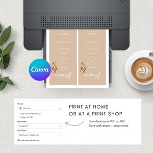 Pu&ograve; includere: Un modello di menu stampabile con sfondo beige e dettagli dorati. Il menu &egrave; diviso in tre sezioni: Antipasto, Piatto principale e Dessert. Il testo "Menu" &egrave; scritto in corsivo. Il testo "STAMPA A CASA O IN UN NEGOZIO DI STAMPA" &egrave; scritto in nero. Il testo "Scarica come PDF o JPG" &egrave; scritto in nero. Il testo "Salva con sangramento + segni di taglio" &egrave; scritto in nero.