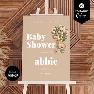 Teddy Bear Baby Shower Welcome Sign, Teddy Bear Balloons, Canva Template, Baby Shower Decor, Gender Neutral, We Can Bearly Wait, BSBR04