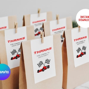 Topper na torbę imprezową Race Car, etykieta na upominek, torba na smakołyki, przyjęcie urodzinowe Little Racer, urodziny Go Kart, Canva, chłopiec, kierowca wyścigowy, słodycze, etykieta, RC01