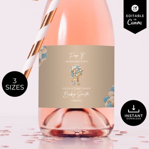 Bear Baby Shower Champagne Label, Wine Label, Teddy Bear Balloons, Canva Template, Mini Prosecco, Pop It When She Pops, Blue, Boy, BSBR02