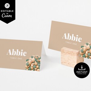 Tarjetas de lugar de oso, globos de oso de peluche, decoraciones de baby shower, plantilla Canva, decoración de fiesta, género neutro, verde, descarga instantánea, BSBR04
