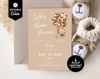 Teddy Bear Picnic Invitation, Birthday Party Invite, Canva Template, 1st Birthday Invitation, First Bday, Balloons, Gender Neutral, TBP3