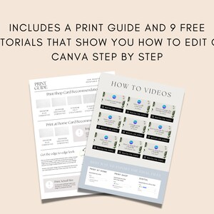 Pu&ograve; includere: Una guida stampabile con istruzioni per stampare biglietti d'auguri a casa o in un negozio di stampa. La guida include nove tutorial video gratuiti su come modificare i biglietti in Canva. I video sono intitolati "Come progettare i tuoi biglietti d'auguri in Canva".