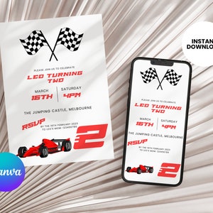 2nd Birthday Invitation, Second Birthday Invite, Race Car Birthday Party, Racing Driver, Racer, Driving, Go Kart, Boys Bday, Canva, RC01