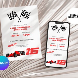 16th Birthday Invitation, Sixteenth Birthday Invite, Race Car Party, Racing Driver, Racer, Driving, Go Kart, Boys Bday, Canva, RC01
