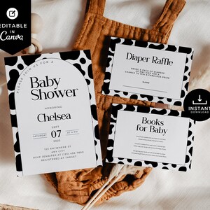 Pacote de chá de bebê de vaca, convite, livros para bebê, sorteio de fraldas, modelo Canva, cartão de inserção, convite, vaca sagrada, Highland, Cowgirl, BSCW01