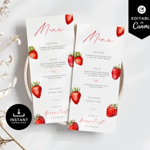 Menu du premier anniversaire Berry, Berry 1er anniversaire, carte de menu, fête des fraises, décor de fraises, décoration de baies, BR01