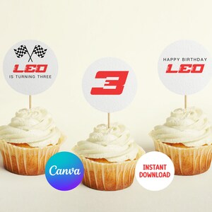 レースカー カップケーキ トッパー、ゴーカート バースデー、パーティー デコレーション、男の子、Canva、レーシング ドライバー、レーサー、即時ダウンロード、パーソナライズ、DIY、RC01