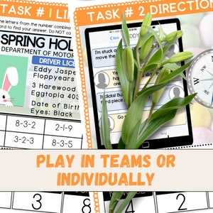 May include: A printable Easter-themed activity sheet with two tasks. The first task is a number combination puzzle with a driver's licence for a character named Eddy Jaspe. The second task is a direction-based game on a tablet screen with a compass and a lily flower.