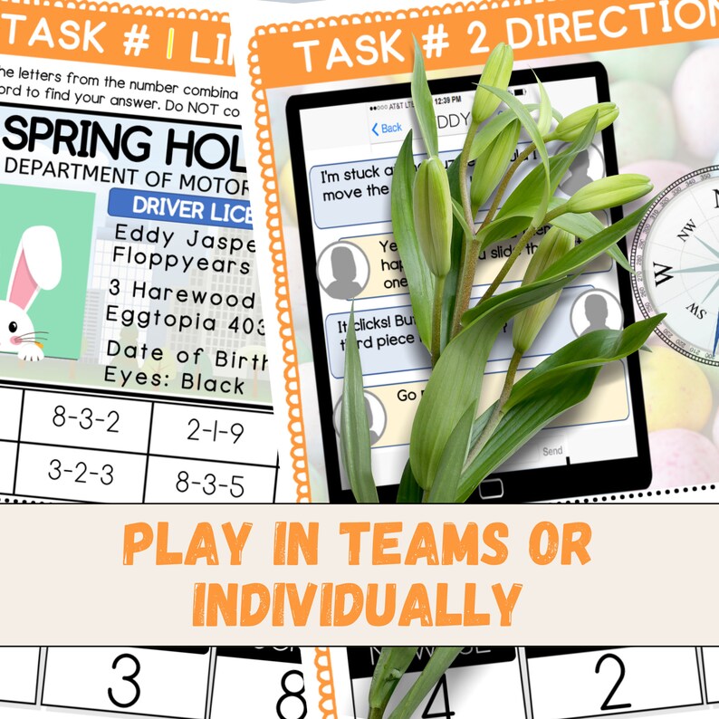 May include: A printable Easter-themed activity sheet with two tasks. The first task is a number combination puzzle with a driver's licence for a character named Eddy Jaspe. The second task is a direction-based game on a tablet screen with a compass and a lily flower.