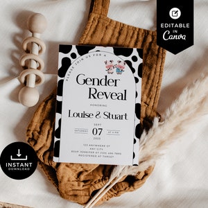 Cow Gender Reveal Invitation, Baby Shower Invite, Canva Template, Instant Download, Highland, Holy Cow, Ranch, Printable, Editable, BSCW01