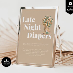Late Night Windeln Zeichen, Teddy Bär Ballons, Baby Shower, Canva Vorlage, Baby Shower Spiele, Gästebuch, Late Night Windeln, Neutral, BSBR04