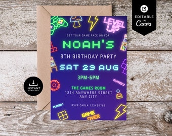 Arcade Birthday Party, 8th Birthday Invitation, Eighth Birthday Invite, Boys Bday, Canva Template, Video Game, Gamer Invitation, Neon, AR01
