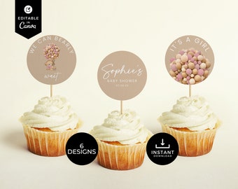 Bear Baby Shower Cupcake Toppers, Teddy Bear Balloons Baby Shower, Canva Template, We Can Bearly Wait, Teddy Bear Decor, Favors, BSBR02