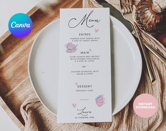 Tea Party Birthday Menu, Garden Party, Canva Template, Party Food Menu, Girls Party, Par-Tea, Instant Download, Afternoon Tea, TP01