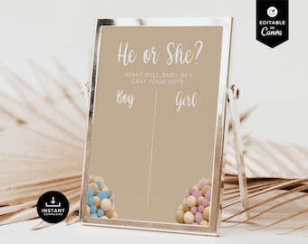 Teddy Bear He or She Sign, Teddy Bear Balloons Baby Shower, Gender Reveal, Boy or Girl, Guess Gender Game, What Will Baby Be, Canva, BSBR01