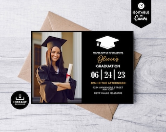 Invitación a la fiesta de graduación, invitación a la graduación, invitación a la fiesta de graduación, clase de 2023, graduación moderna, descarga instantánea, plantilla Canva