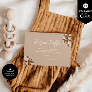 Teddy Bear Balloons Diaper Raffle Card, Bear Baby Shower, Canva Template, Insert Card, Ticket, Game, Gender Neutral, Brown, BSBR03