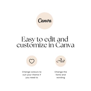 Pu&ograve; includere: Una grafica che mostra come personalizzare un design in Canva. La grafica mostra un'icona a forma di cuore e il testo "Cambia i colori per adattarli al tuo tema se necessario" e un'icona della lettera "A" con il testo "Cambia i font e la dicitura".