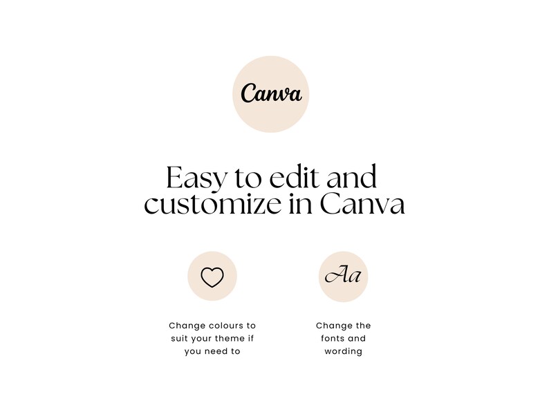 Pu&ograve; includere: Una grafica che mostra come personalizzare un design in Canva. La grafica mostra un'icona a forma di cuore e il testo "Cambia i colori per adattarli al tuo tema se necessario" e un'icona della lettera "A" con il testo "Cambia i font e la dicitura".