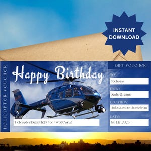Vale-presente para experiência de voo de helicóptero, para ele, dia dos pais, namorado, aniversário, editável no Canva, download instantâneo