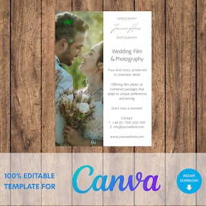 Bearbeitbare Hochzeitsfotografie Videografie Business Flyer Leaflet A5 Porträt Anpassbare Canva Vorlage Digitaler Download