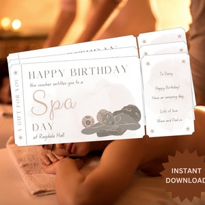 Vale de regalo para un día de spa / Mimos / Lujo / Para ella / Cumpleaños / Navidad / Aniversario / Plantilla editable en Canva / Digital / Descarga instantánea