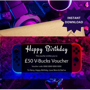 Chèque-cadeau de jeu, coupon de réduction, Noël, anniversaire, Roblox, V-bucks, pour elle, pour lui, Switch, modifiable sur Canva, téléchargement immédiat