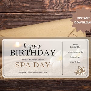 Vale de regalo para un día de spa / Mimos / Lujo / Para ella / Cumpleaños / Plantilla editable en Canva / Digital / Descarga instantánea