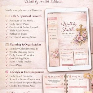 May include: A Christian Faith Planner for Women, "Walk by Faith Edition," with a tablet displaying the planner's cover. The planner includes sections for faith, planning, and lifestyle, with floral accents and the text "Walk by Faith, Not by Sight."