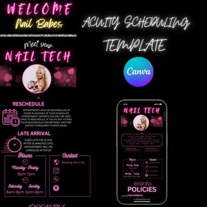 Könnte beinhalten: Eine rosa und schwarze Grafikdesign-Vorlage für die Terminplanung. Die Vorlage zeigt eine Frau mit pinken Haaren und einem pinken Hintergrund. Der Text "Willkommen Nail Babes" und "Acuity Scheduling Template" wird in pinken Neonbuchstaben angezeigt. Der Text "Meet your Nail Tech" wird in weißen Neonbuchstaben angezeigt. Die Vorlage enthält einen Abschnitt für die Umplanung von Terminen, Gebühren für verspätete Ankunft, Öffnungszeiten und Kontaktinformationen. Die Vorlage enthält auch einen Abschnitt für Buchungsrichtlinien.