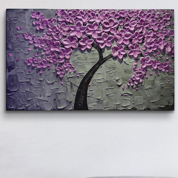 Purple Flower Tree Wall Painting, Nature Tree Portrait, Purple Tree Wall Decor, Canvas Wall Hanging, Decorative Canvas Art,