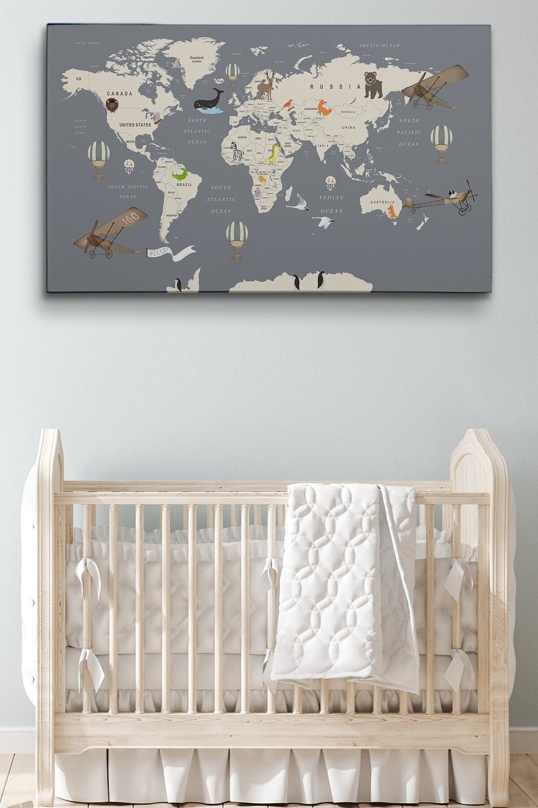 Canvas World Map Wall Art Kids Room World Map Animal World - Etsy Australia