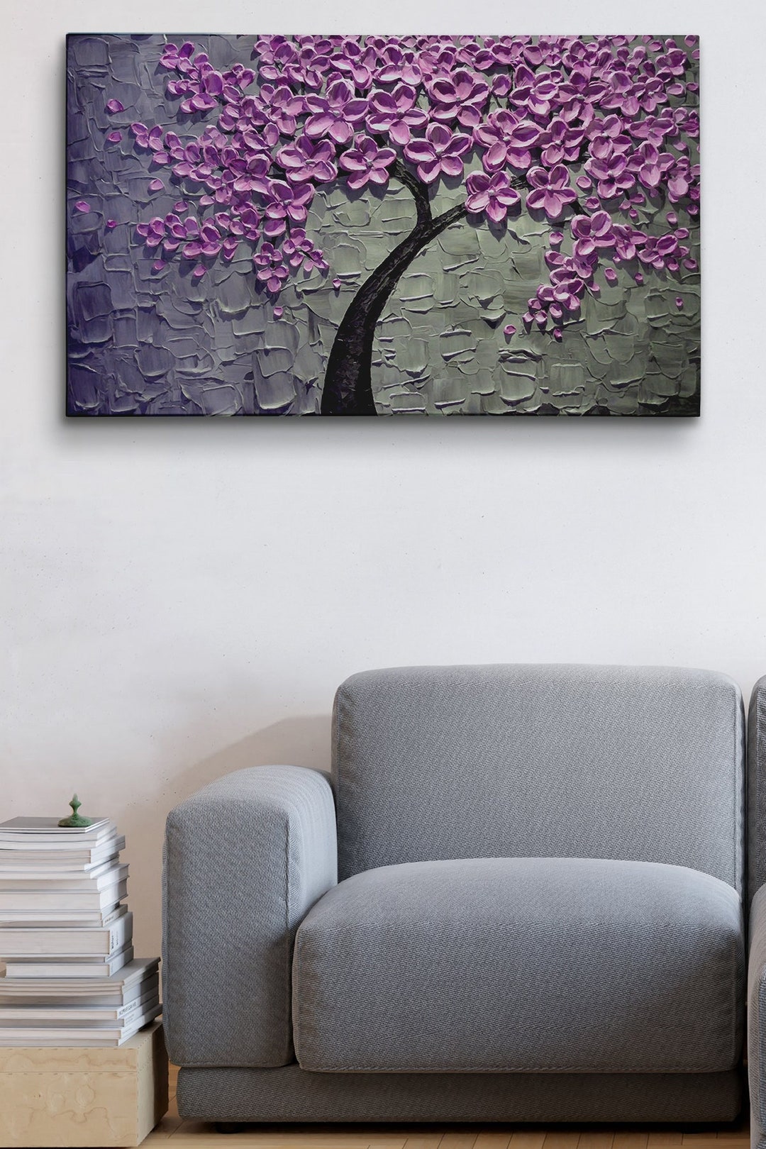 Purple Flower Tree Wall Painting, Nature Tree Portrait, Purple Tree Wall Decor, Canvas Wall