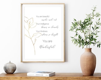 You Are Wonderful Positive Affirmation Wall Art | Positivity and Affirmation Wall Décor | Motivational Home Decoration Printable |