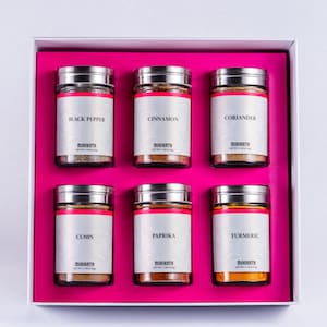 Bio Gewürz Geschenkset: Schwarzer Pfeffer, Zimt, Koriander, Kreuzkümmel, Paprika, Kurkuma