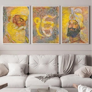 Poster/Canvas Set of 3 - Guru Nanak Dev Ji, Guru Gobind Singh Ji, Ik Onkar, Sikh Wall Art Poster or Canvas, Punjabi Art, Sikh Gift