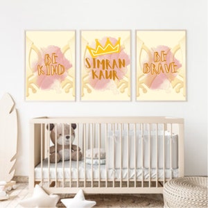 Personalisiert - 3er Set Babydrucke Poster oder Leinwand | Kleine Kaur Baby Mädchen | Prinzessin Poster - Sikh Kinderzimmer Kunst - Sikh Geschenk