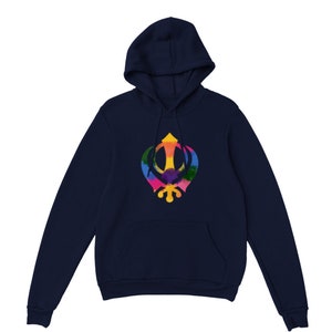 May include: A navy blue hoodie featuring a Khanda symbol in rainbow colours on the front.