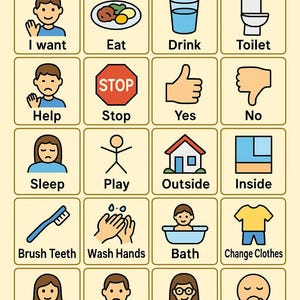 May include: PECS communication board titled "Daily Needs" with 16 illustrated icons. Icons include "I want," "Eat," "Drink," "Toilet," "Help," "Stop," "Yes," "No," "Sleep," "Play," "Outside," "Inside," "Brush Teeth," "Wash Hands," "Bath," and "Change Clothes."