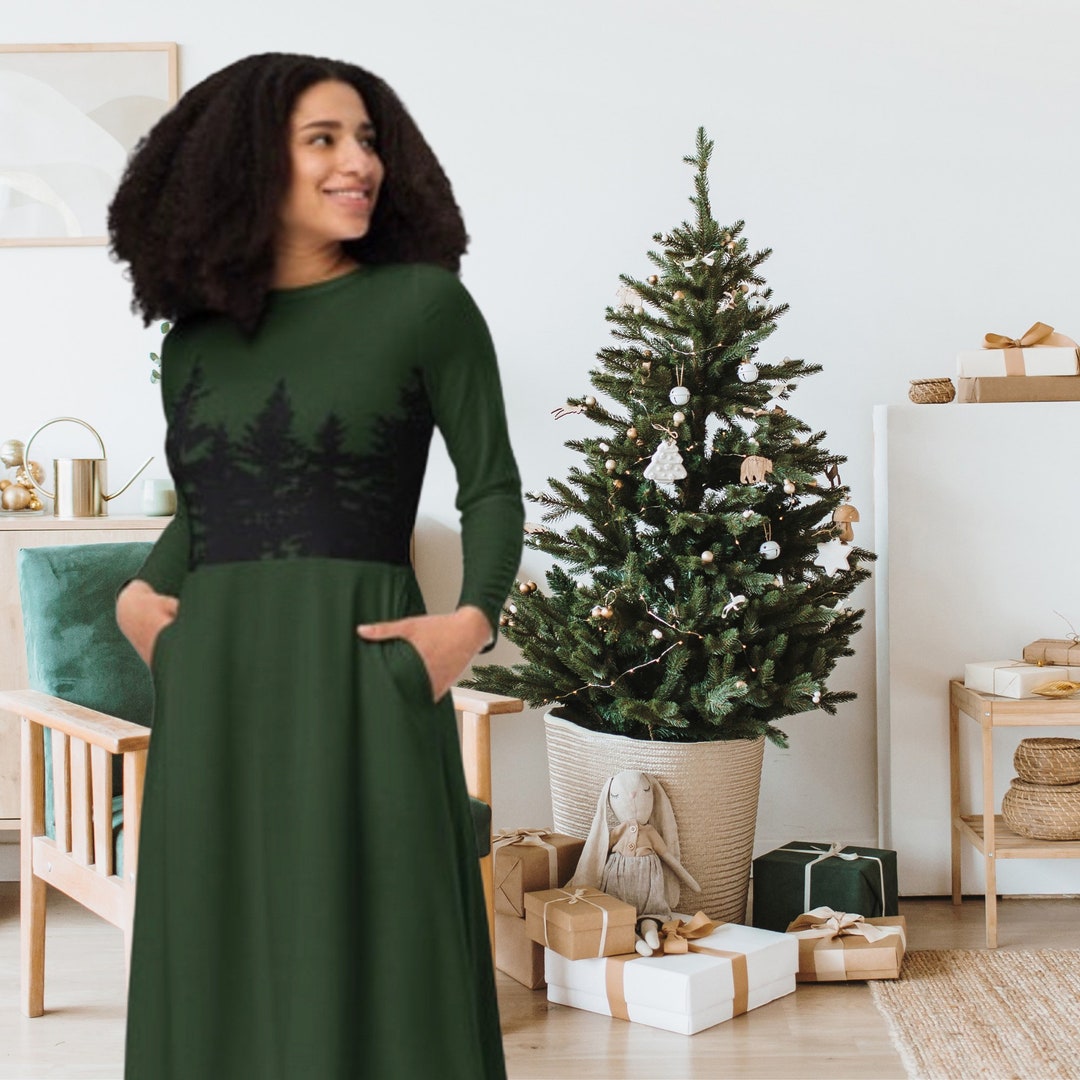 Christmas Dress, Pocket Dress, Green Dress, Christmas Tree Dress, Long Green Dresses For Christmas