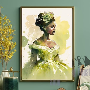 Beautiful Princess in Green Dress Watercolor Digital Download
