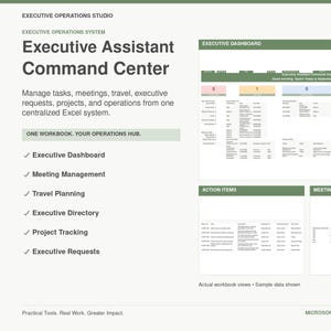 Puede incluir: Una plantilla digital Executive Assistant Command Center para Microsoft Excel. El diseño incluye un panel de control, listas de tareas y seguimiento de reuniones con encabezados verdes, tablas organizadas y secciones de gestión.