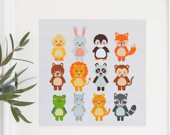 12 Cute Wildlife Baby Animals Sampler Cross Stitch Pattern PDF Downloadable Chart Easy Embroidery Nursery xStitch Pattern Keeper friendly