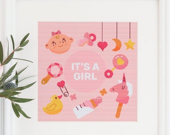 It's A Girl Sampler Baby Shower Cross Stitch Pattern PDF Downloadable Chart Easy Embroidery Nursery xStitch Pattern Keeper friendly