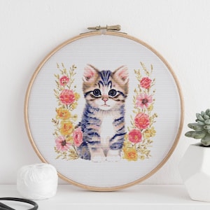 Cute Kitten with Flowers Cross Stitch Pattern PDF Nursery Downloadable Xstitch Chart Baby Embroidery Cross-Stitch Pattern