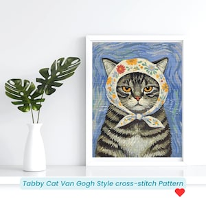 Gato atigrado con pañuelo en la cabeza: patrón de punto de cruz inspirado en Van Gogh en formato PDF
